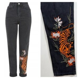 Topshop Moto Mom Jeans High Rise Tiger Embroidered Black Tall 28 Boho Streetwear